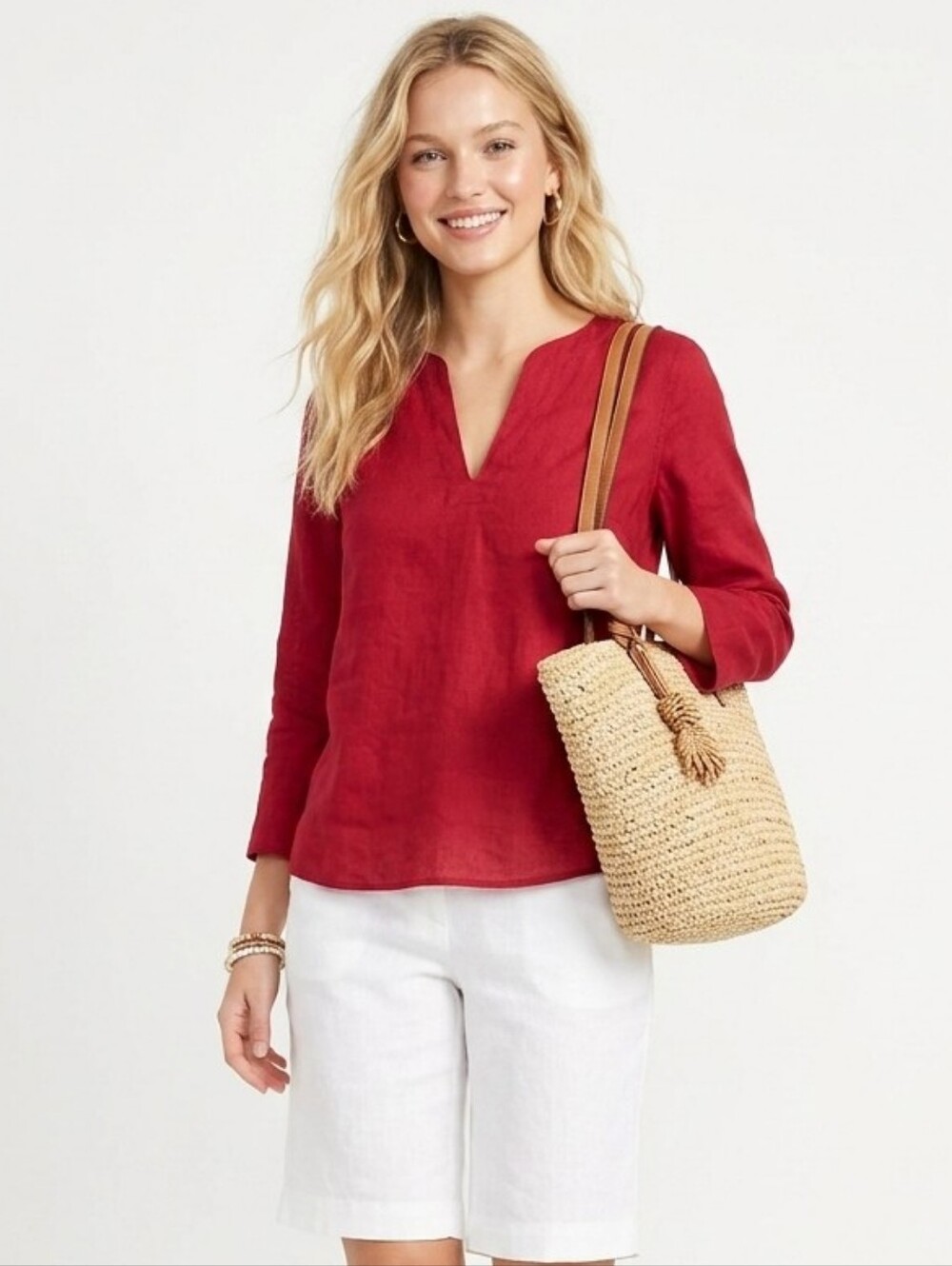 Banana Republic Red 100% Linen V-Neck Long Sleeve Blouse Top M